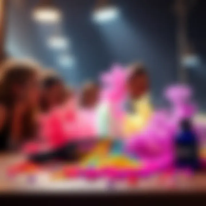 A vibrant mix of colorful Sprite Dust on a table with a few curious people discussing and pointing at it.
