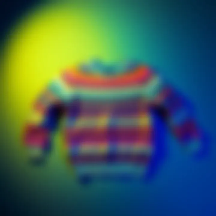 A vibrant sweater laid flat showcasing its unique pattern and colors, hinting at a potential lounge skin.