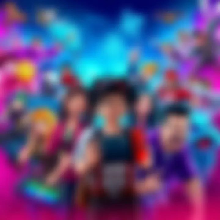 A group of diverse gamers playing together on Nintendo Switch 2, surrounded by vibrant game art and characters from popular titles.