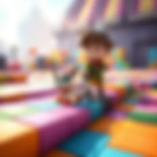 A character and its pet carefully moving across colorful disappearing tiles in a vibrant game environment.