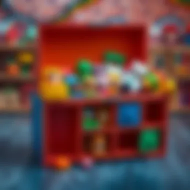 A colorful toy box resembling a classic design with compartments filled with various toys, evoking childhood nostalgia.