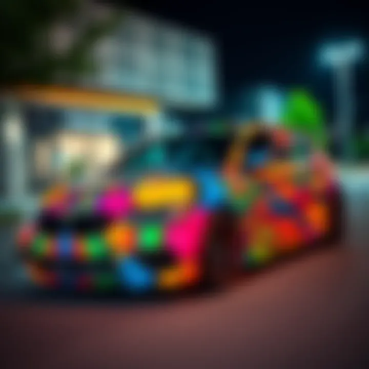 A vibrant car with a custom wrap showcasing unique designs and colors parked on the street