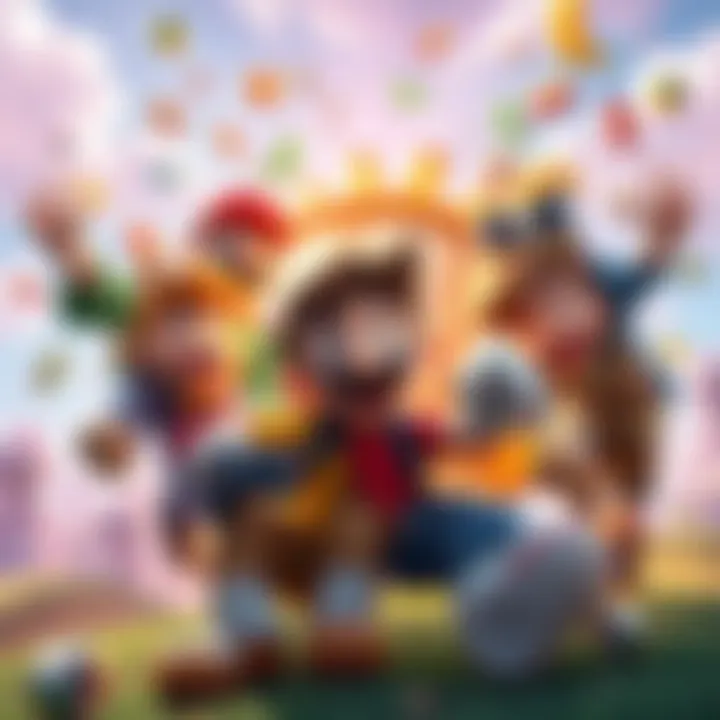 A vibrant scene of various video game characters enjoying a light-hearted adventure together in a bright, cheerful environment.