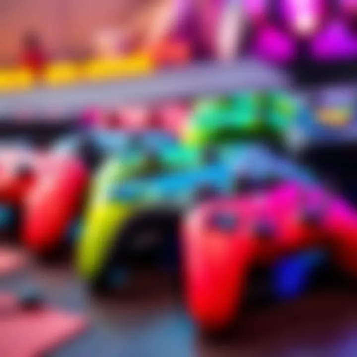 A variety of colorful video game controllers on a table, representing different games for short play sessions.