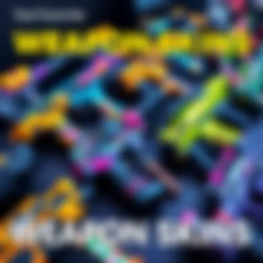 A display of various vibrant weapon skins that are part of larger designs in a game setting