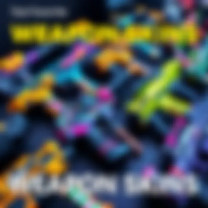 A display of various vibrant weapon skins that are part of larger designs in a game setting