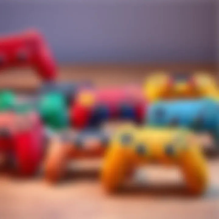 Various colorful wireless controllers designed for children, showing fun designs and small sizes for little hands.