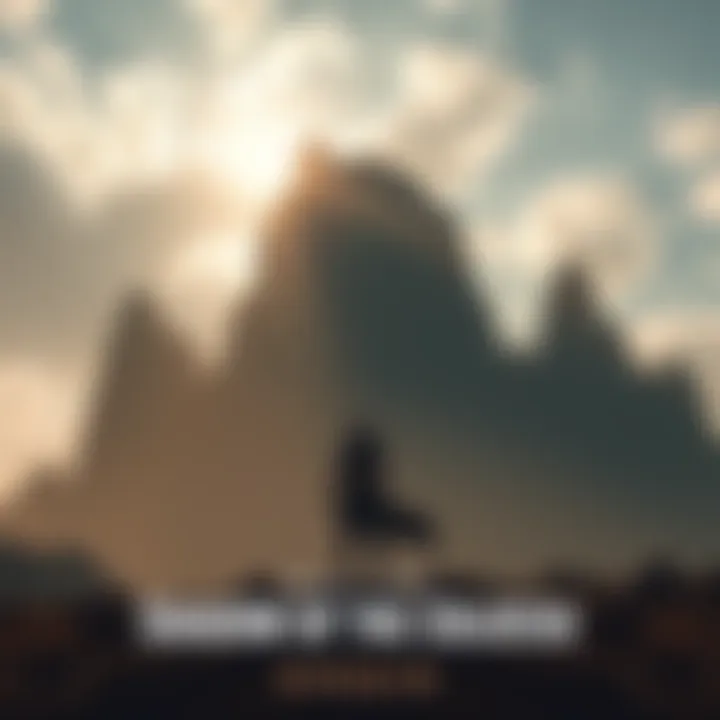 A person standing tall against a massive rock formation, resembling a scene from Shadow of the Colossus, with a vast sky above and dramatic landscape around.