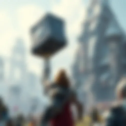 Colossal Hammer in Game A player holding a massive colossal hammer in a fantasy game environment, ready for battle.