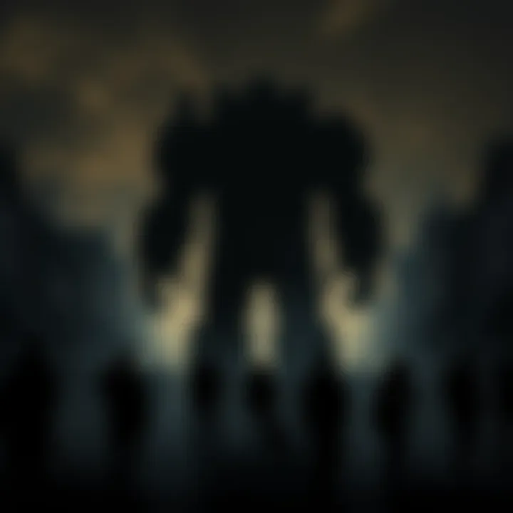 Dark silhouettes of large Colossus figures blending into the shadows, creating an eerie atmosphere in a community setting.