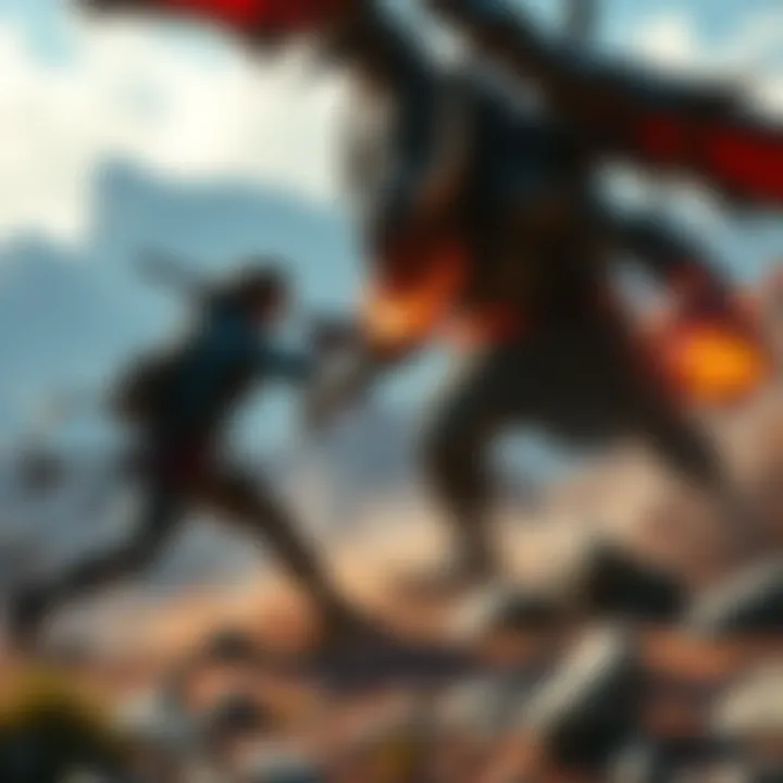 A player character battles a tough enemy in a rugged landscape, showcasing intense action and high damage effects.