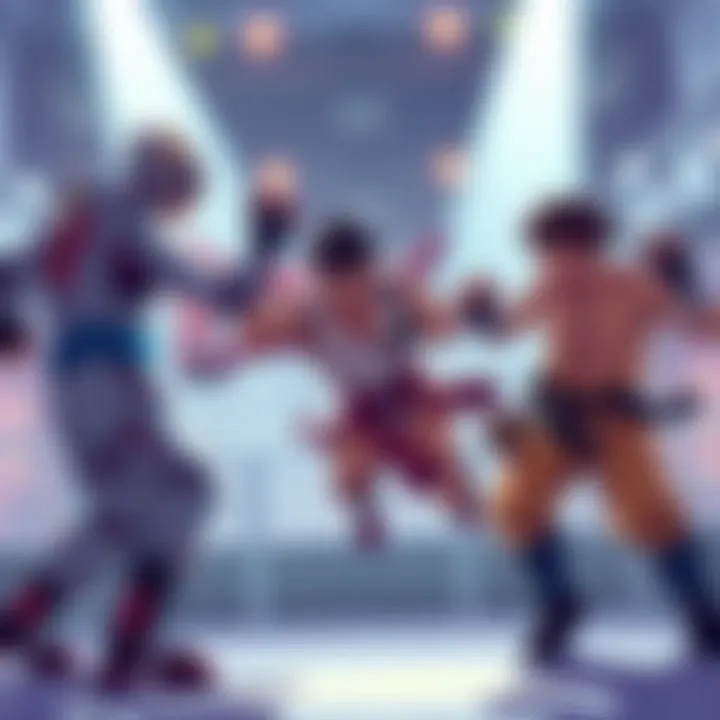 A lively illustration showing various fighters demonstrating different combat skills in a competitive setting.