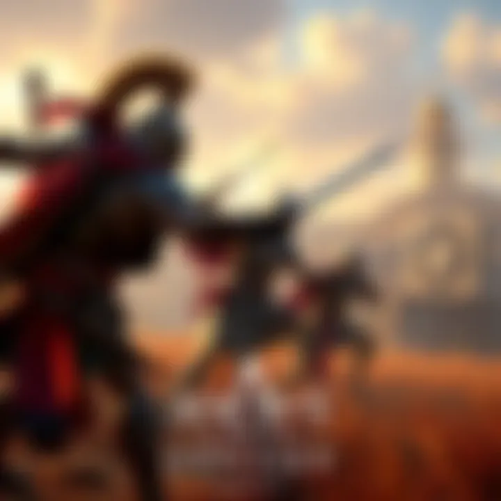 A warrior character from Assassin's Creed Odyssey battles multiple enemies in a vibrant Greek landscape