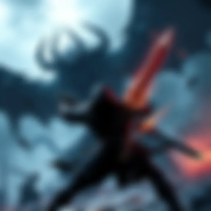 Combat with Black Blade Kindred Bosses A player character engaged in a fierce battle with a Black Blade Kindred boss, showcasing intense sword fighting and magical abilities in a dark, mystical setting.