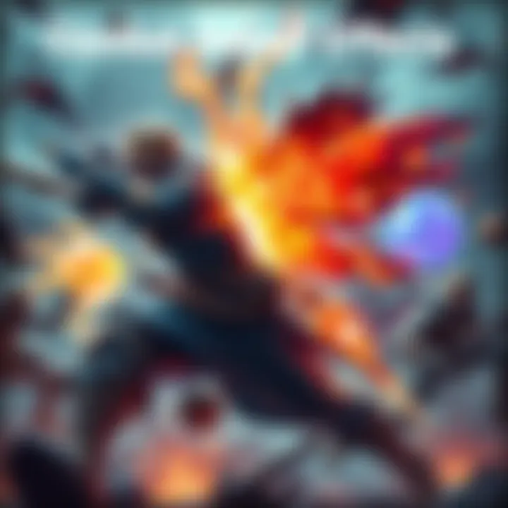 A warrior uses a weapon to apply various debuffs like shock, burn, and poison during battle, showcasing different elemental effects in a vibrant combat scene.