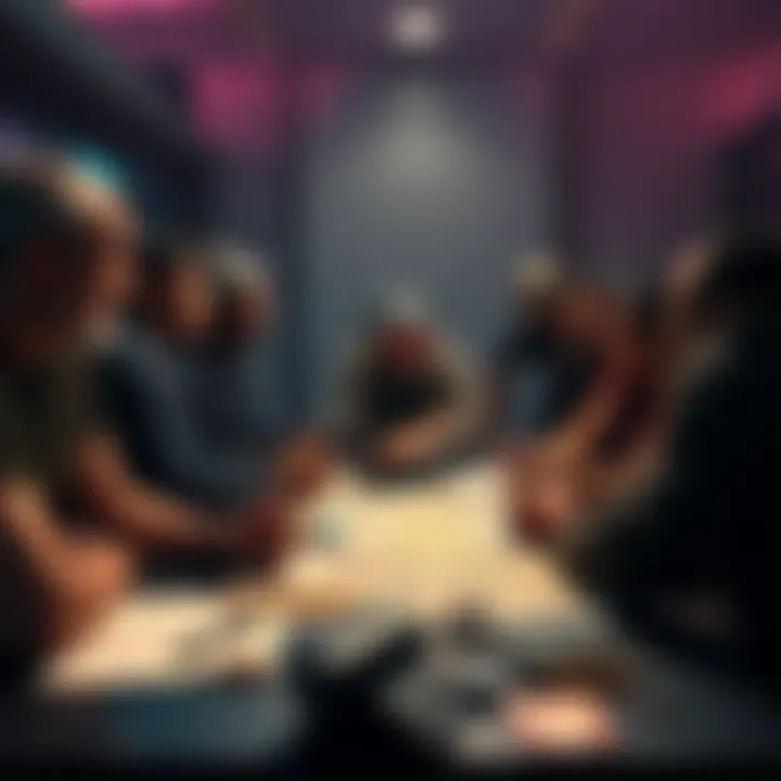 A group of fans gathered around a table, debating potential lore changes in the Combat Evolved remake, with game artwork and notes spread out