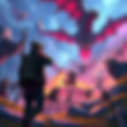 Player exploring a vibrant fantasy world with a fierce battle scene in the background, highlighting the action elements of RPGs.