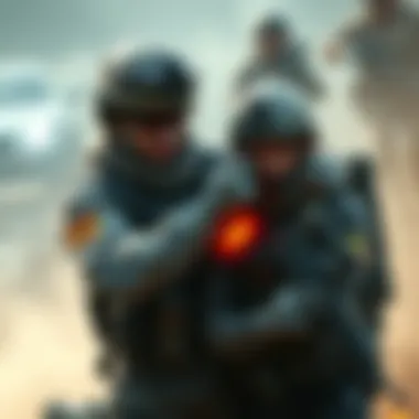 A combat medic in tactical gear provides healing to a wounded teammate on the battlefield, showcasing teamwork and support in action.