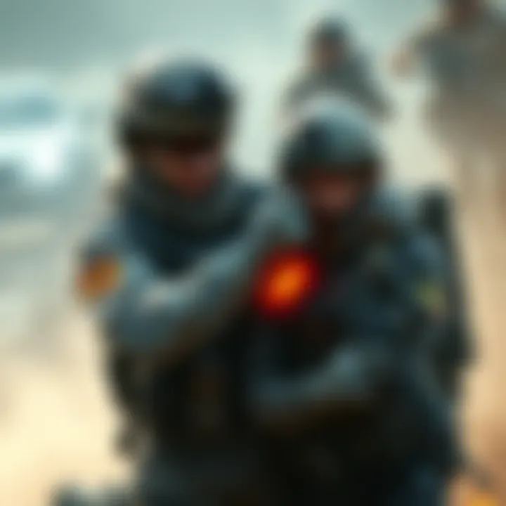 A combat medic in tactical gear provides healing to a wounded teammate on the battlefield, showcasing teamwork and support in action.