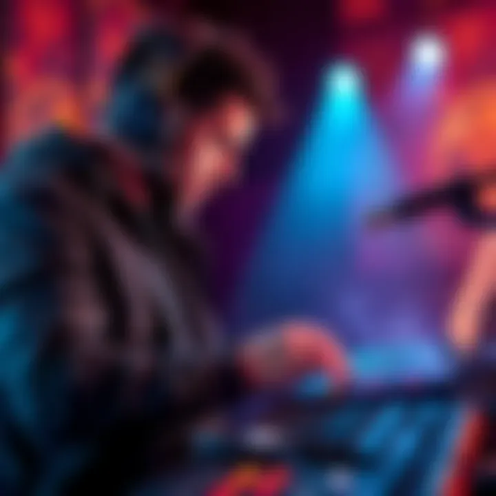 A musician composing a combat track with intense energy, inspired by Mick Gordon's style.