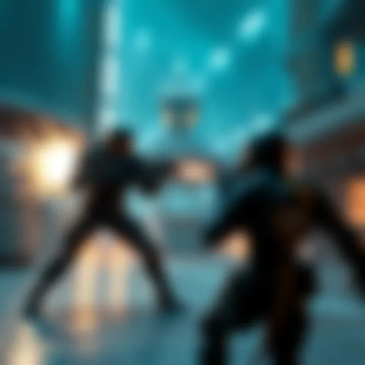 Player engaged in combat with ED-209 in a futuristic environment featuring environmental kills