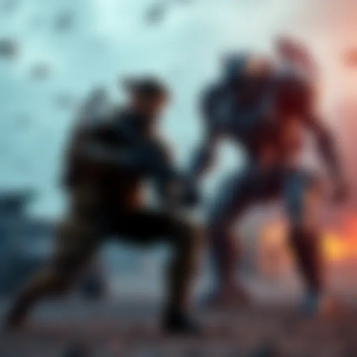 A fighter practicing techniques next to a mech on a battlefield setting