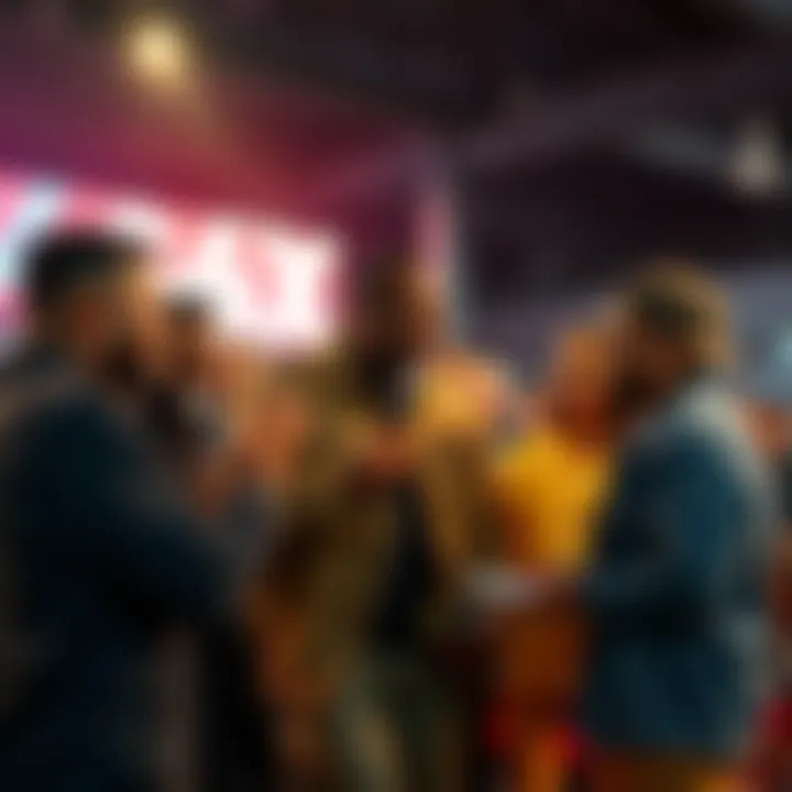 Comedians Preparing for 64X Comedy Set A group of diverse comedians discussing their upcoming performances at a 64X event, showcasing excitement and anticipation.