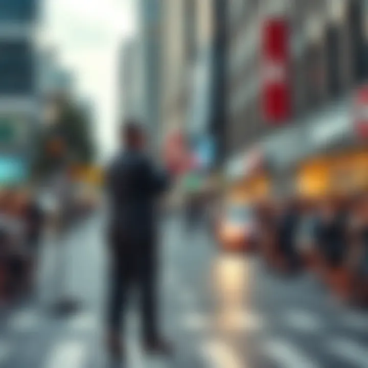 Comedic Moment on City Streets A comedian performing on a city street, highlighting the contrast between safety expectations and reality, with an audience reacting humorously