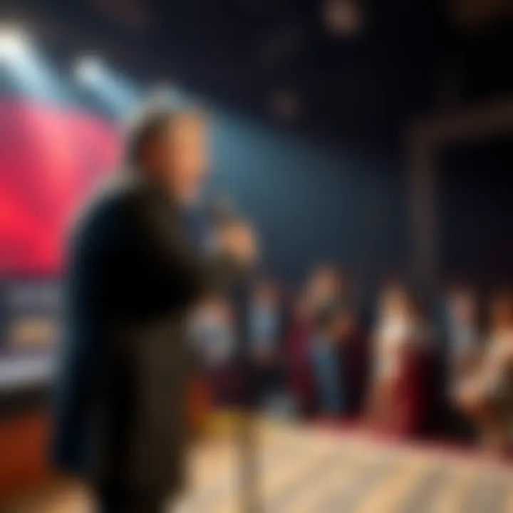 A comedian delivers a stand-up performance, making the audience laugh with funny anecdotes and expressions during a live show.