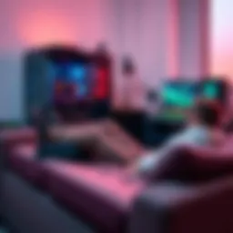 A person relaxing on a couch, playing a game on a gaming deck while a powerful PC is in the background