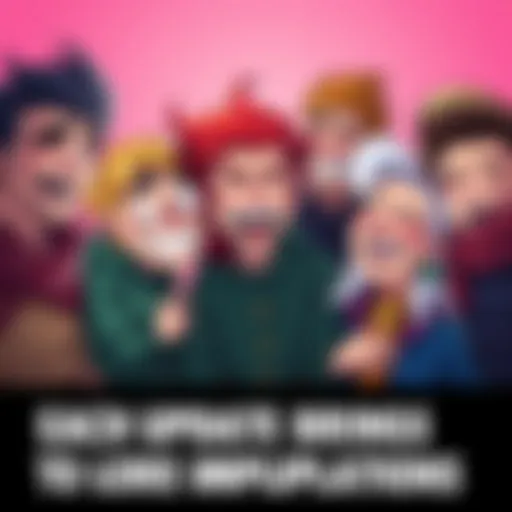 A group of cartoon characters sharing a laugh, showcasing humorous expressions and poses, reflecting the lighthearted updates in the lore.