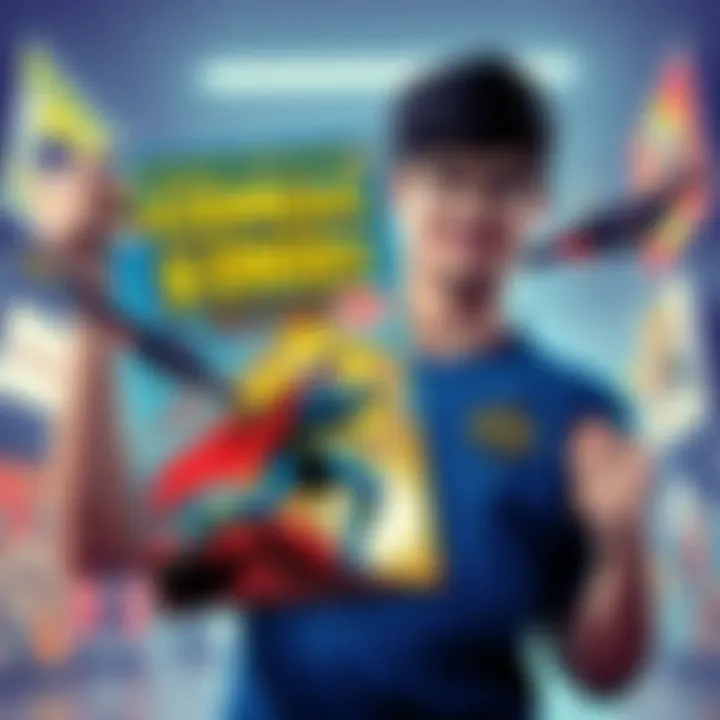 A student proudly displays their colorful comic fanart cover inspired by silver age comics, featuring vibrant characters and dynamic action scenes.