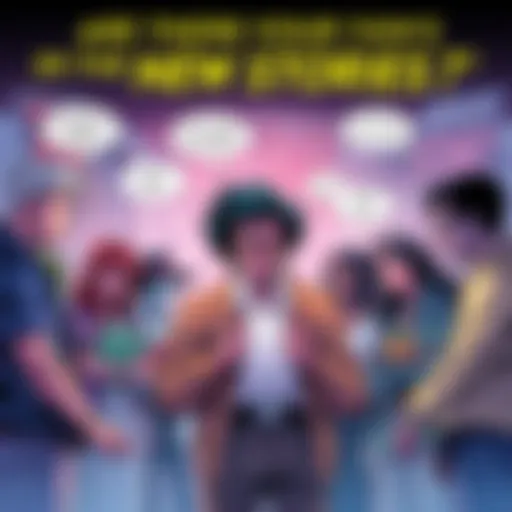 Illustration featuring characters from the comic series discussing four new stories, with comic panels in the background.