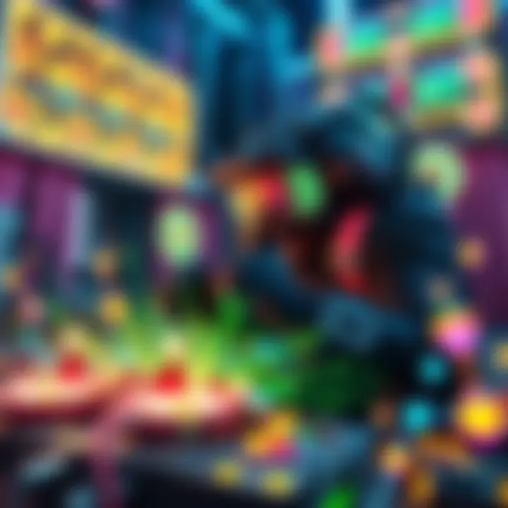 Command Relay Farming A character using the Command Relay method to efficiently farm Polyatomic Ion Particles, surrounded by colorful energy effects and Ion Particle icons.