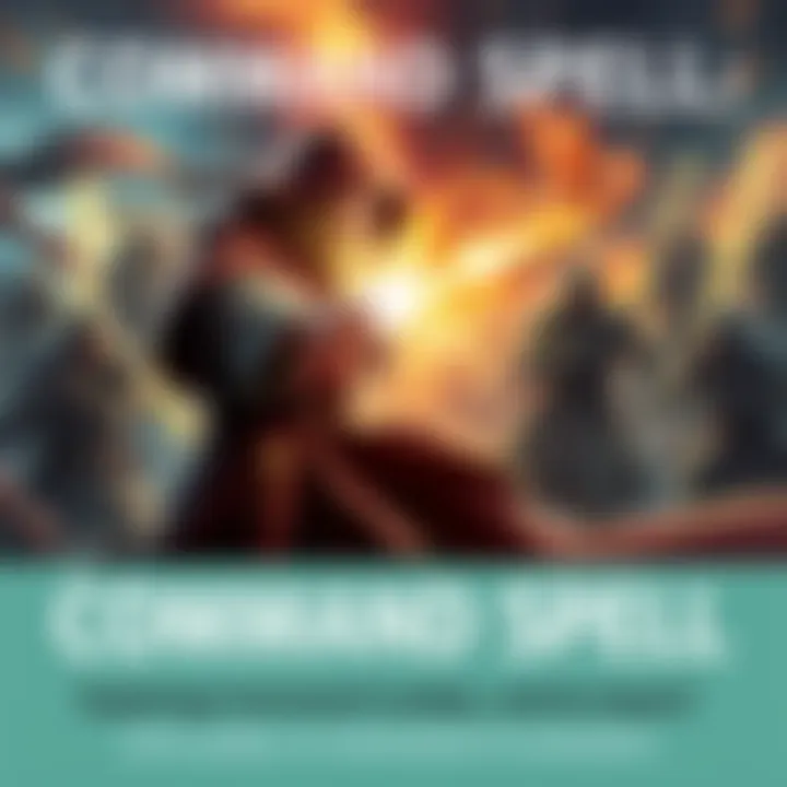 A wizard casting a Command spell during battle, with a glowing spell effect and opponents reacting to the command.