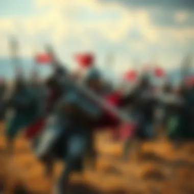 A group of commanders leading their troops in a medieval battlefield, swords drawn and strategizing during combat.