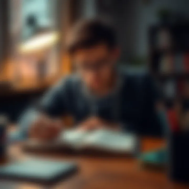 A person sitting at a desk, writing down personal growth goals in a journal with a focused expression.