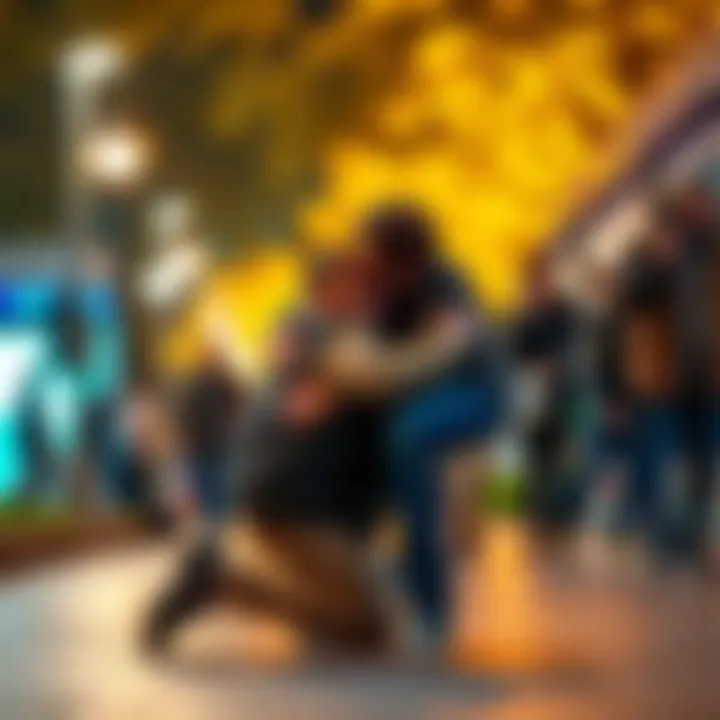 A person kneeling and hugging a boy, showing deep affection and commitment amidst a busy park setting.