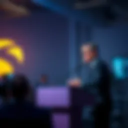 Communications Director speaking at a podium during a press conference, addressing backlash over a low game rating