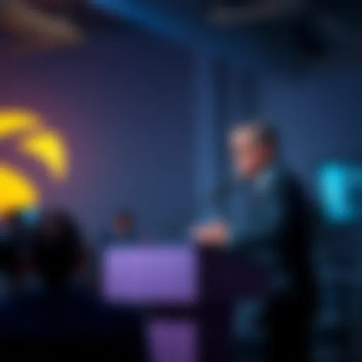 Communications Director speaking at a podium during a press conference, addressing backlash over a low game rating