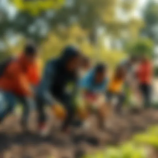 A group of diverse people planting trees and cleaning a park together.