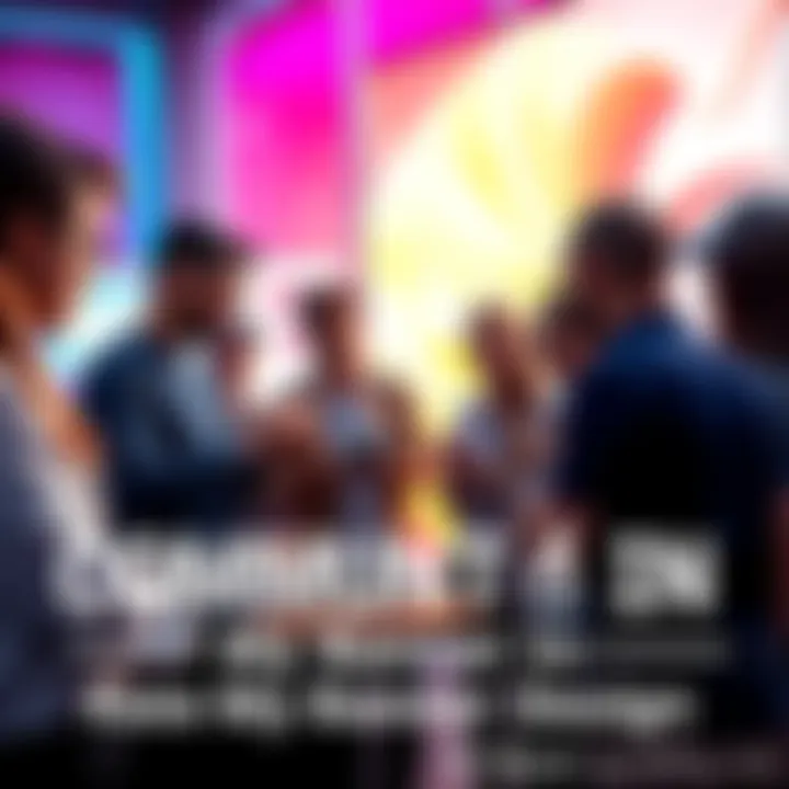 A group of people discussing and evaluating various banner designs, sharing ideas and feedback in a creative setting.