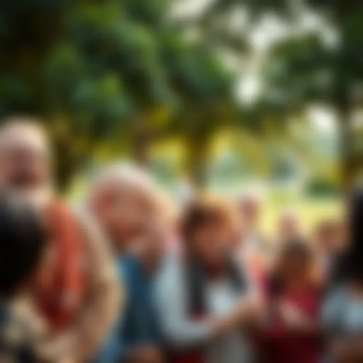 A diverse group of people coming together, smiling and sharing joy in a park setting, expressing gratitude for their strong community bonds.