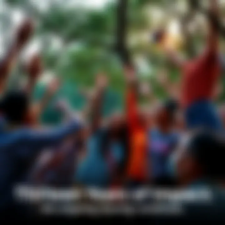 A diverse group of people celebrating together in a park, symbolizing community impact over thirteen years.