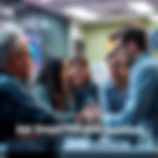 A group of people discussing computing topics, each asking simple questions about software and hardware