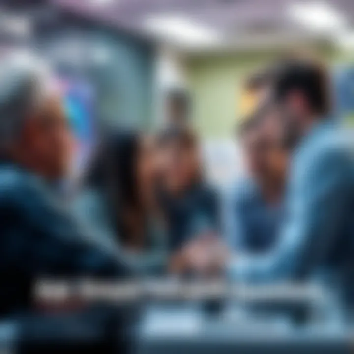 A group of people discussing computing topics, each asking simple questions about software and hardware