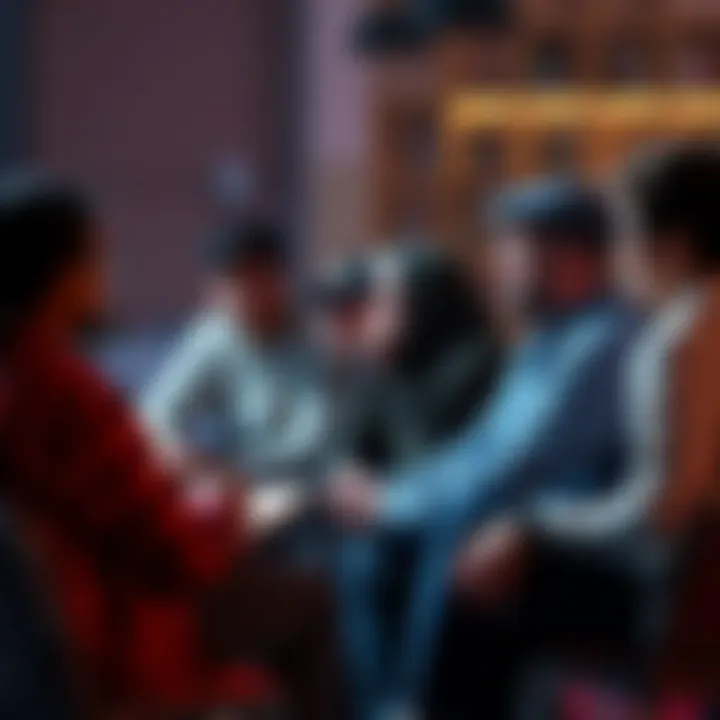 Community discussion on unclear message A group of people sitting together, discussing and sharing thoughts to clarify a vague message, with one person holding a notebook and others listening intently.