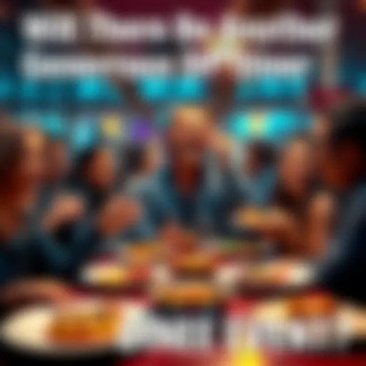 Community members discussing diner event A group of people animatedly talking with plates of food in front of them, suggesting a diner event atmosphere