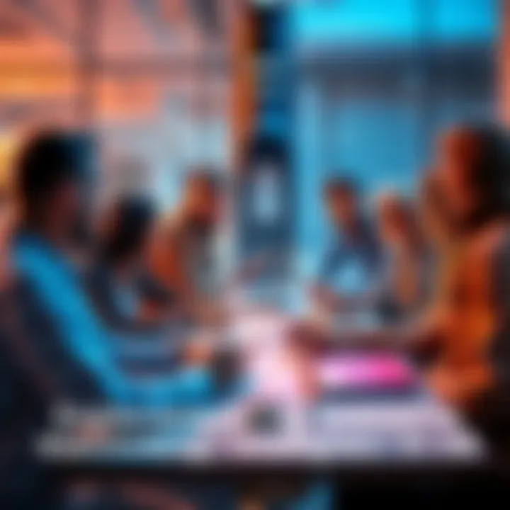 A group of people gathered around a table discussing matchmaking strategies with notes and laptops open.
