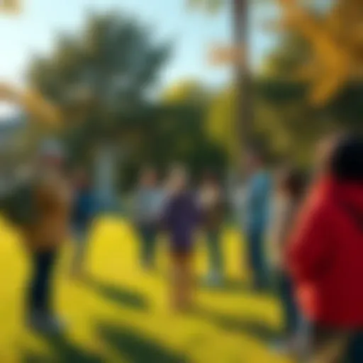 Residents gathered in a park discussing Miss Comstock's recent actions and their community impact.
